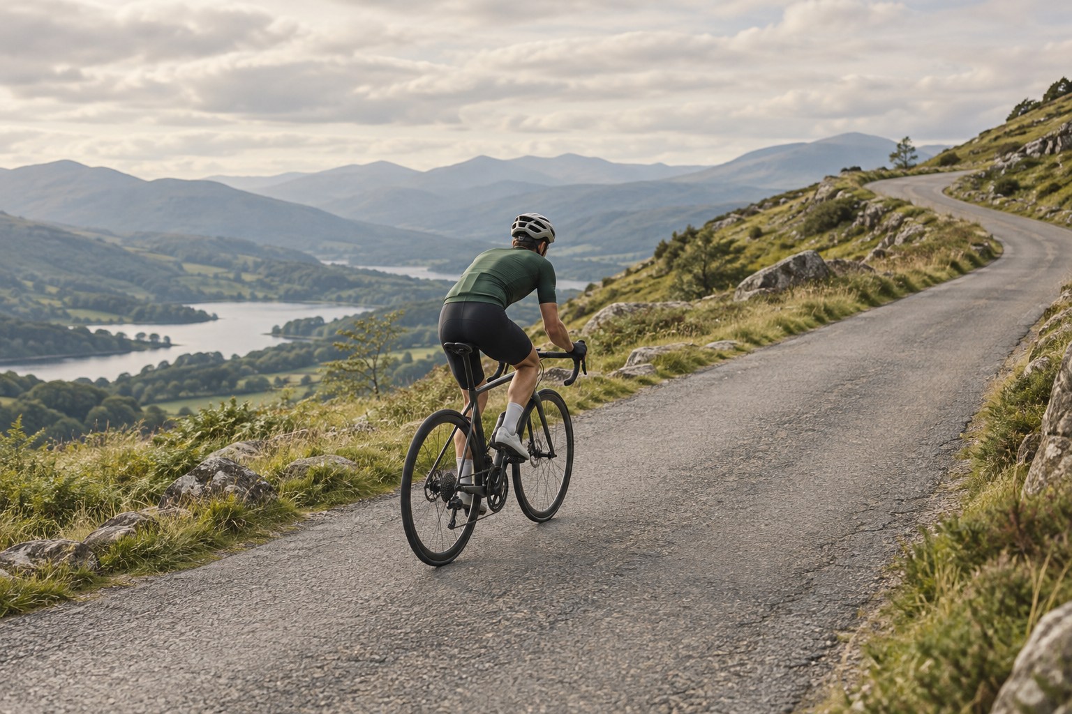 A cyclist in a green jersey riding a road bike up a winding mountain road above a lake.