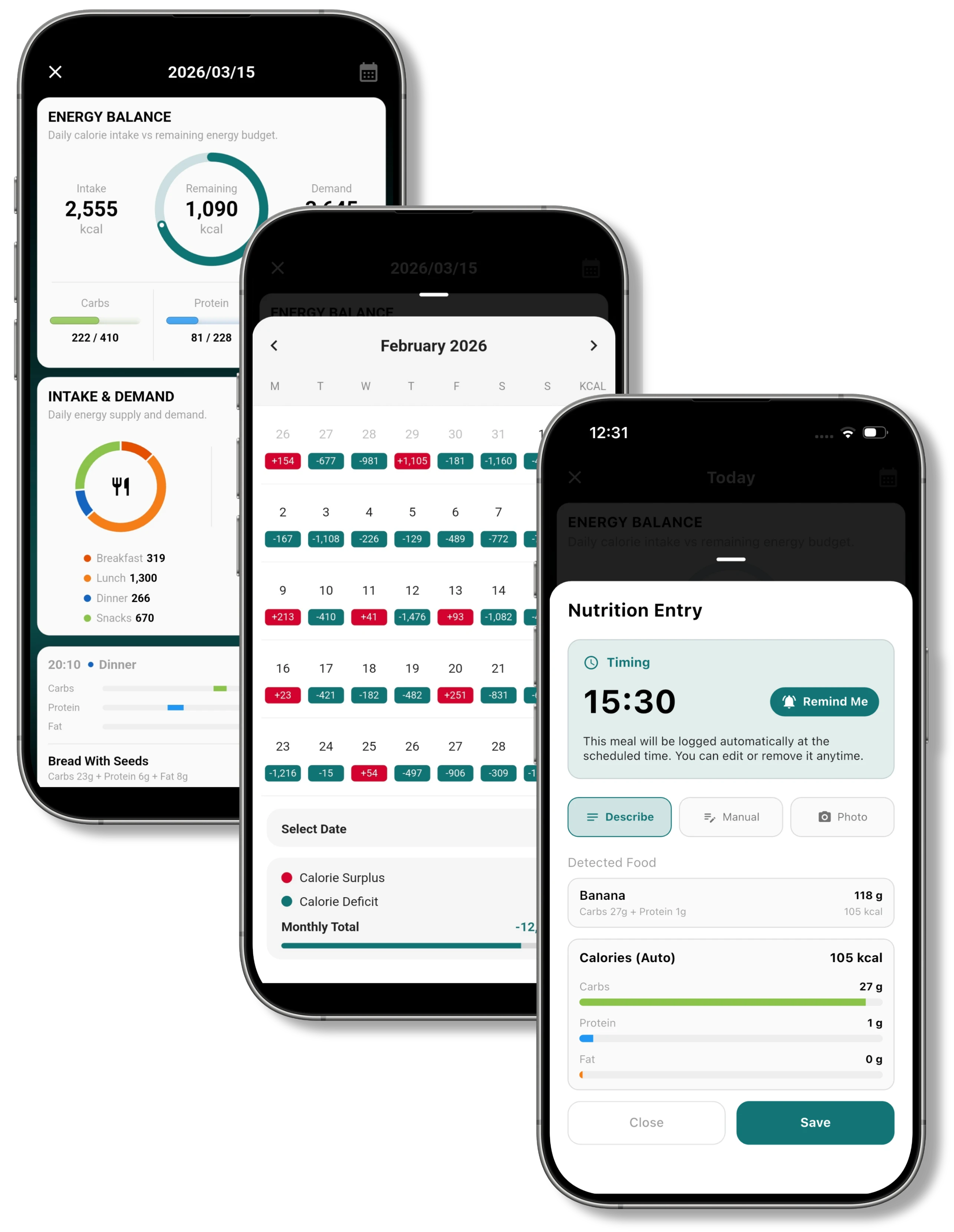Nutrition screens showing energy balance, daily intake and meal scheduling