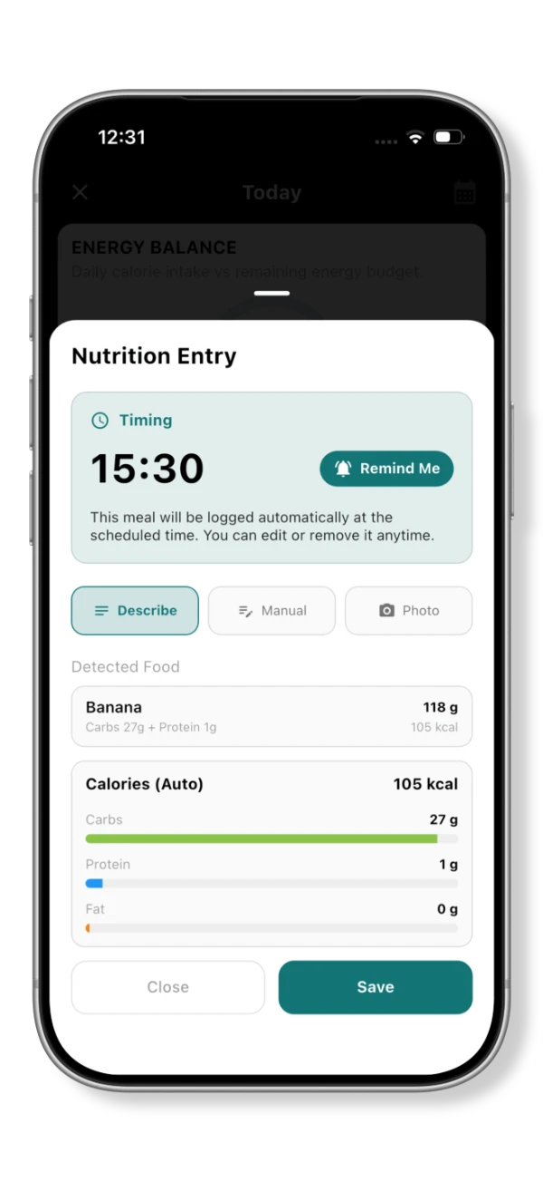 Scheduled nutrition entry with a reminder option, food entry methods and detected calorie and macronutrient values