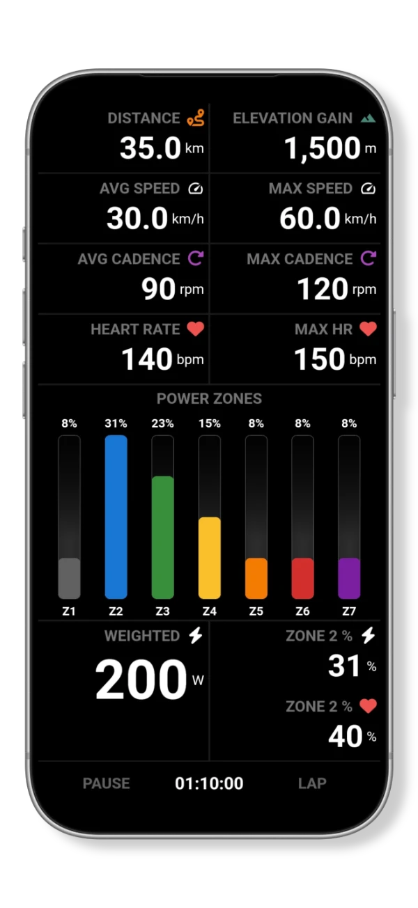 Custom recording page showing distance, elevation gain, speed, cadence, heart rate and power zones