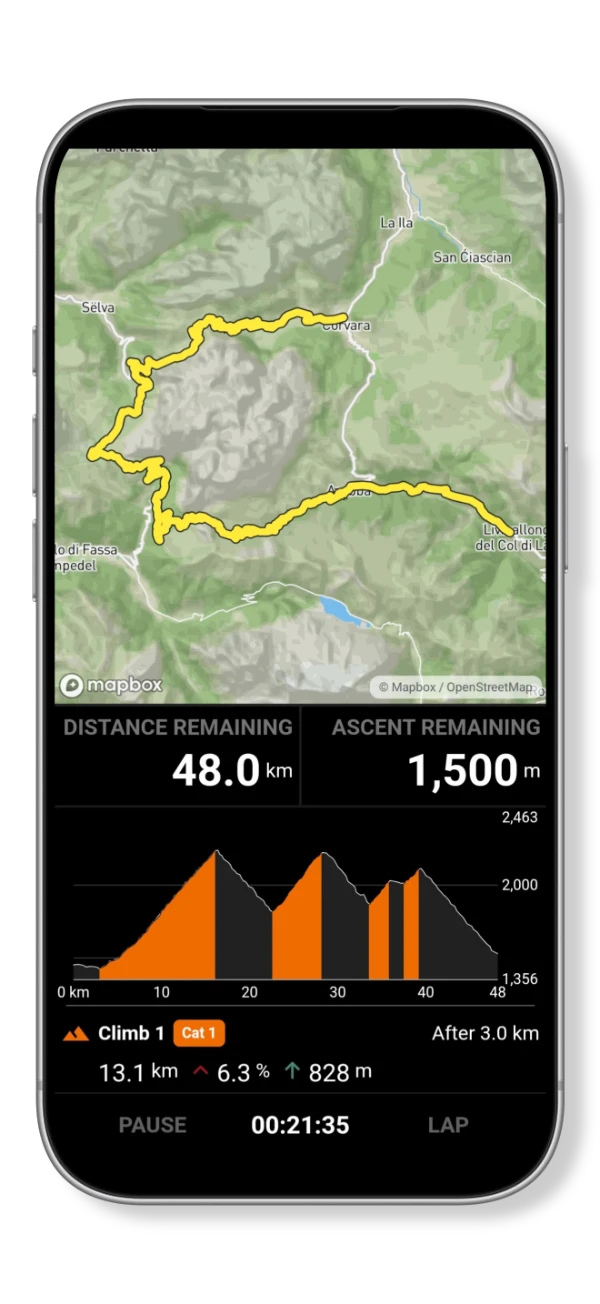 Route overview with the route map, remaining distance and ascent, elevation profile and upcoming climb details