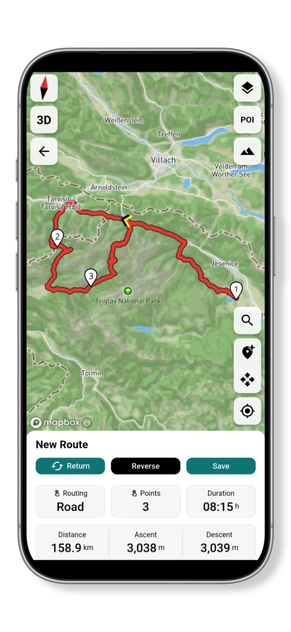 Route planner with three waypoints, road routing, distance, ascent, descent and estimated duration