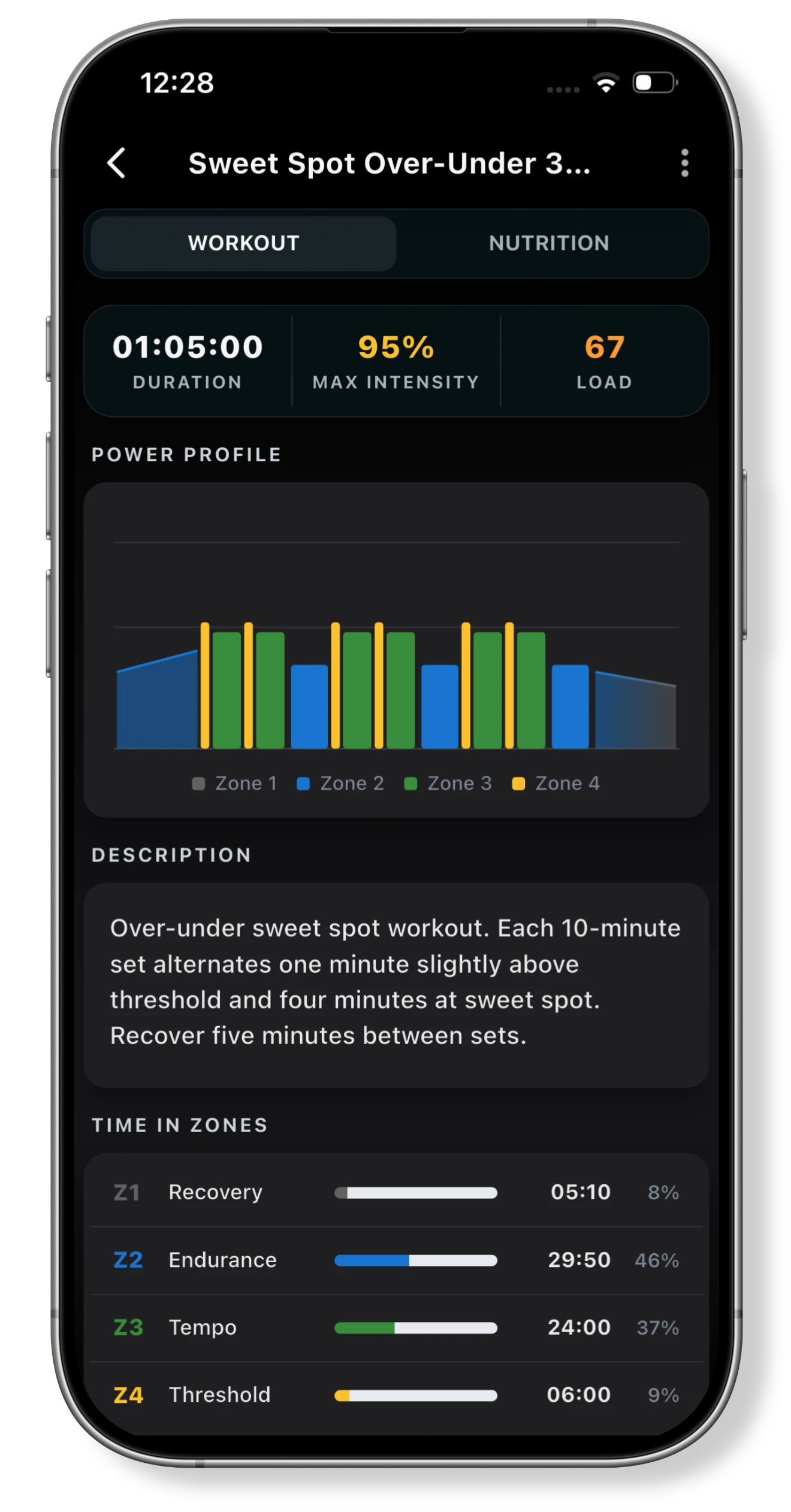 Structured workout with power targets and interval details in Peak Watts