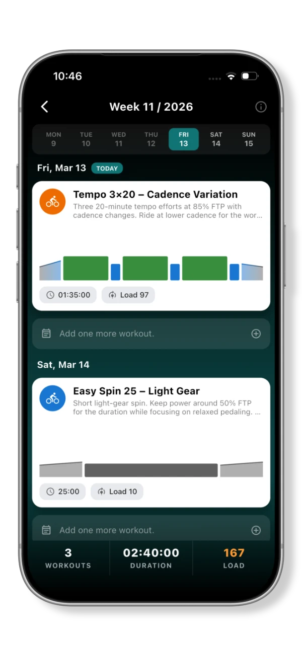 Weekly schedule showing planned tempo and recovery workouts with their interval profiles