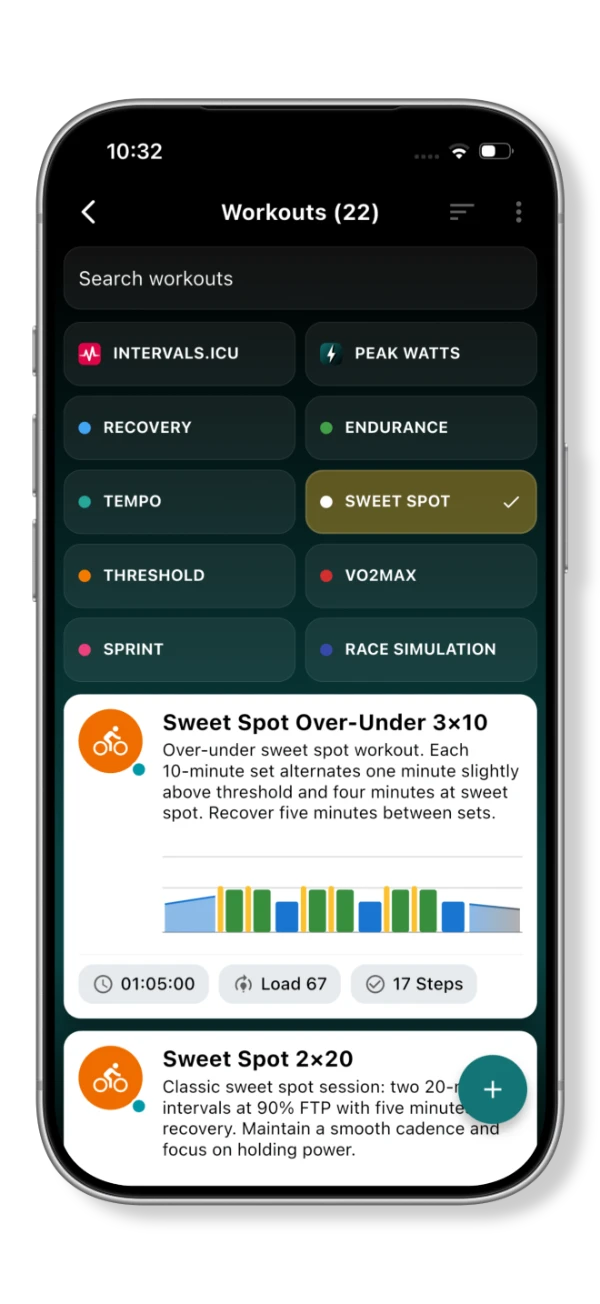 Workout library with training category filters and sweet spot workouts showing interval profiles